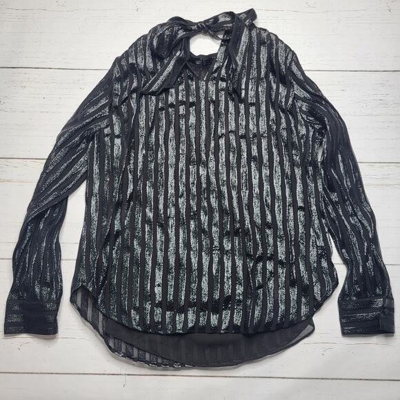 J.Crew Metallic Silk Blend Chiffon Mock Neck Top Black Stripe Tie Shirt Medium - Picture 4 of 9